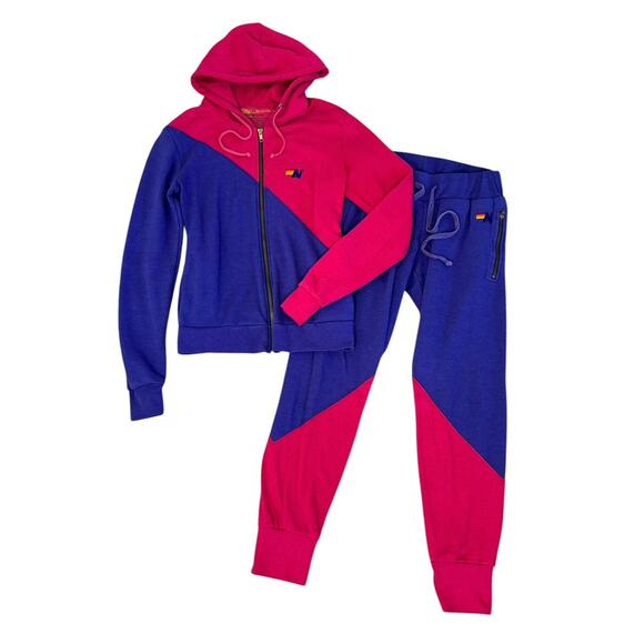Aviator Nation Pants - AVIATOR NATION Glider Colorblock Set Hot Pink Purple Joggers Zip Hoodie XS RARE